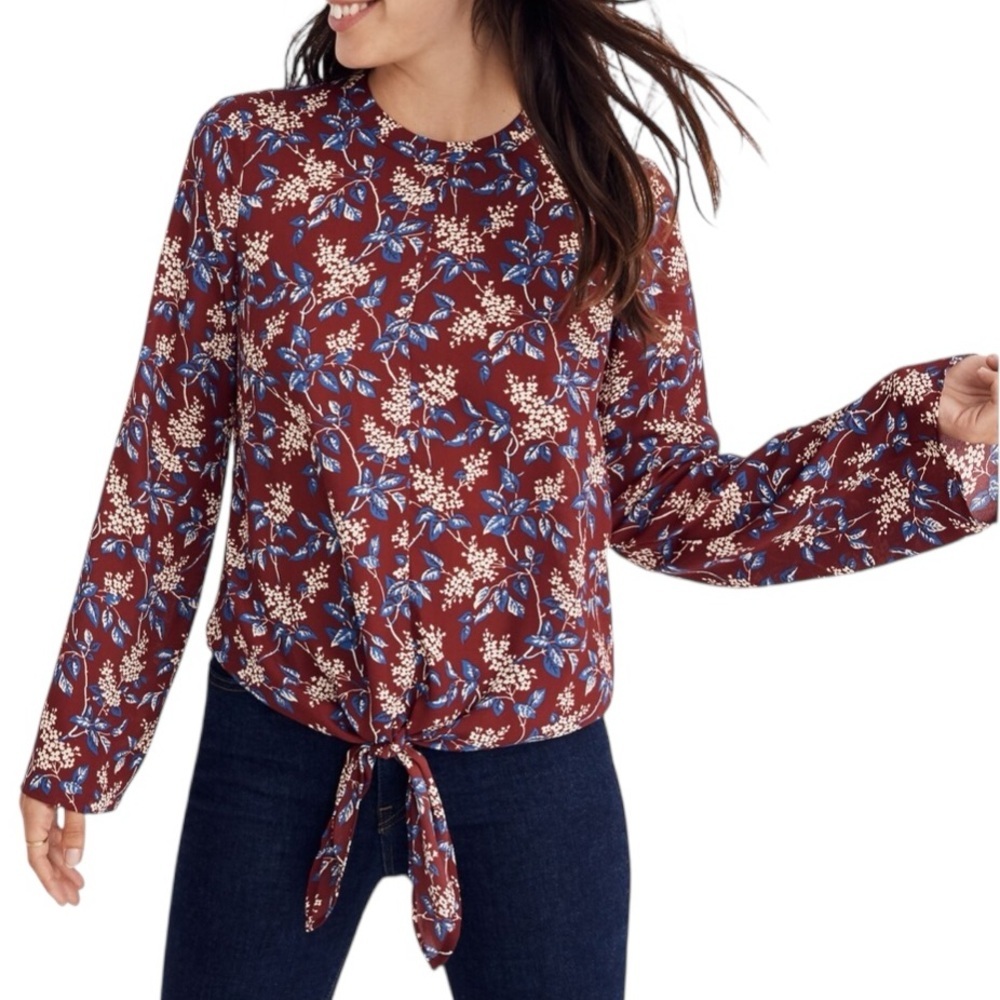 MADEWELL Burgundy Floral Long Bell Sleeve Tie-Front Blouse Size Medium